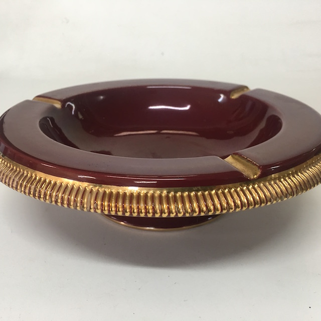 ASHTRAY, Ceramic Dish on Stand - Maroon w Gold Rim